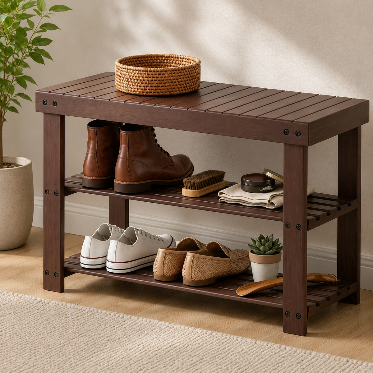 3-Tier Bamboo Shoe Storage Bench