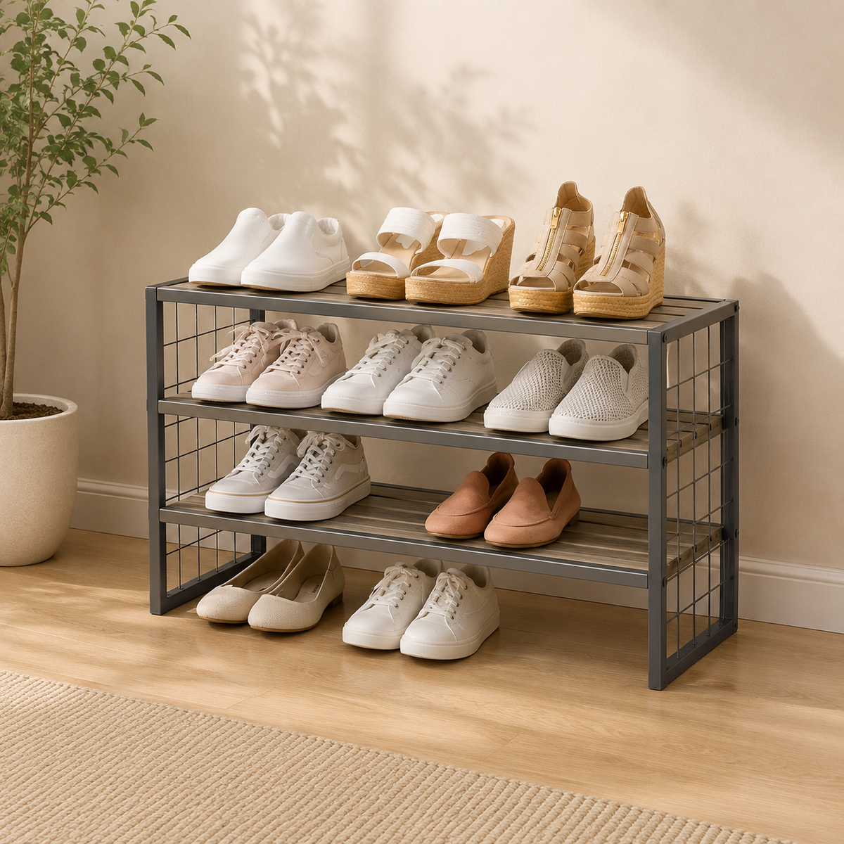 3-Tier Farmhouse Wooden Shoe Storage Rack